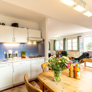Küche und Wohnzimmer der Ferienwohnung Buhnenspitze für 4-6 Personen in der Residenz Kormoran in Prerow. Geräumige Ferienwohnung im Darß direkt an der Ostsee.